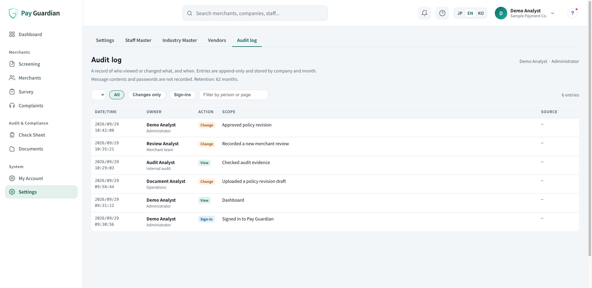Current audit log screen listing dates, people and records for reviews and changes