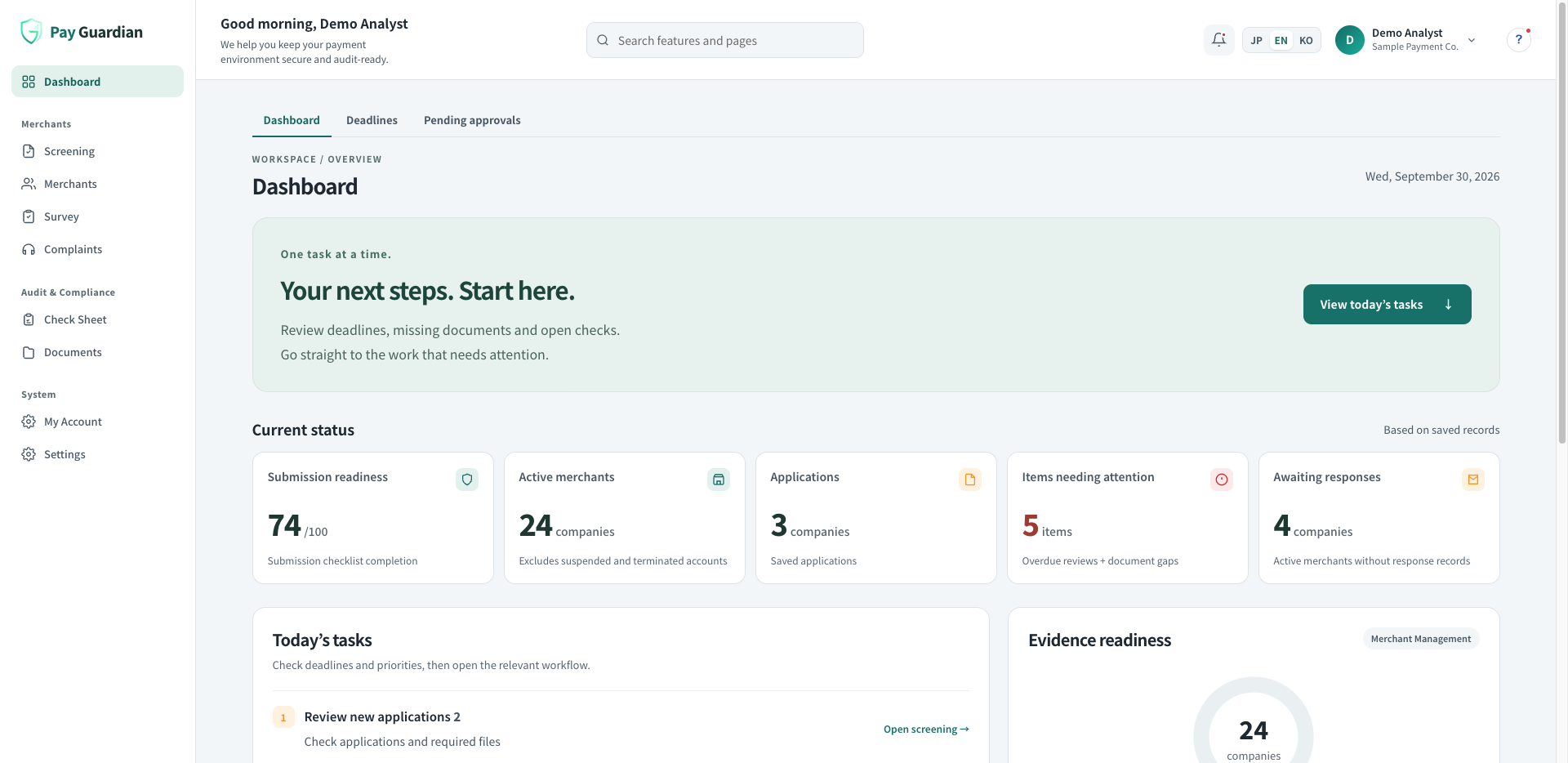 Current Pay Guardian dashboard showing today’s tasks and overall status