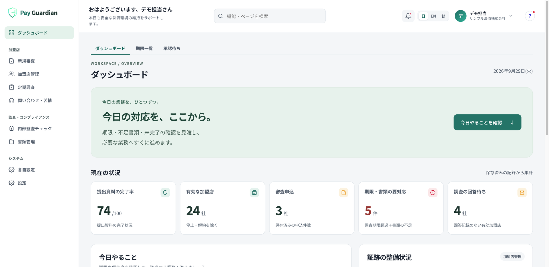 現行のPay Guardianダッシュボード。今日の仕事と業務の状況を表示