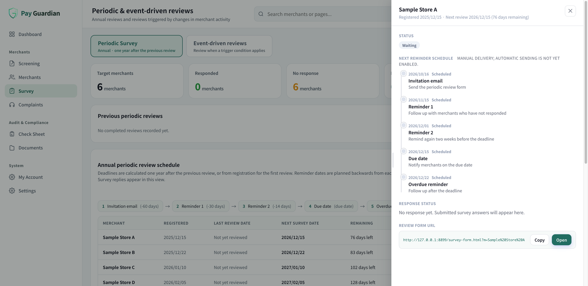 Periodic review screen showing merchant response status and planned invitations, reminders and overdue follow-ups