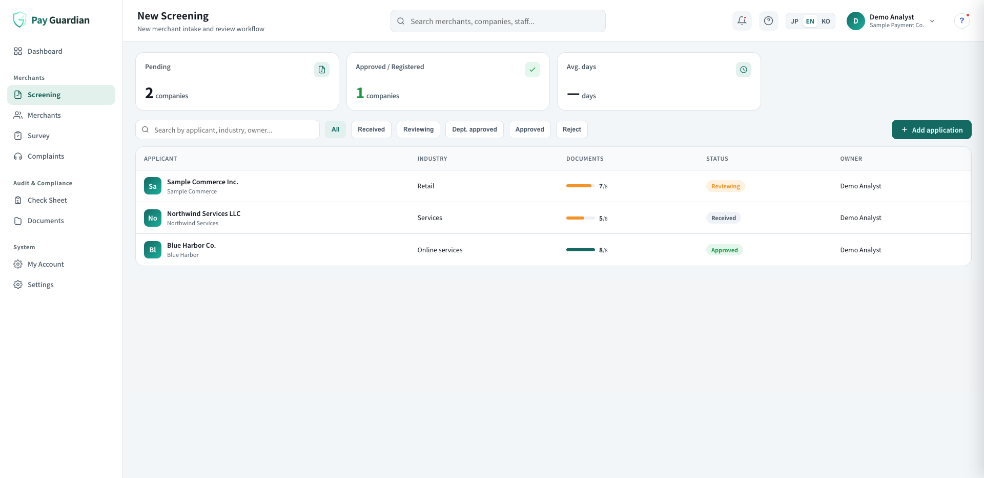 Current new merchant review screen listing applicants, required documents and review status